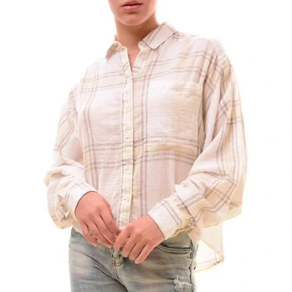 FREE PEOPLE PLAID CROPPED BUTTON DOWN - Picture 1 of 8